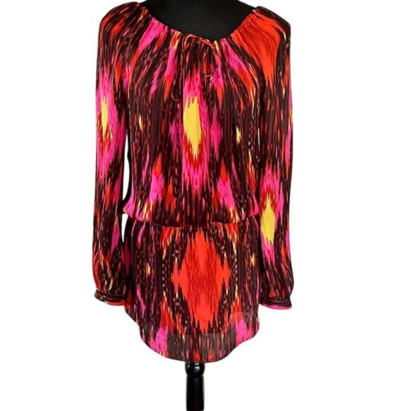 Haute Hippe Silk Ikat Geometric Print Mini Dress Long Sleeve Size Medium - Picture 2 of 8